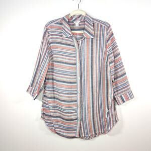 Intro. Linen Blend Striped Button Up Roll Tab Shirt Lagenlook Small